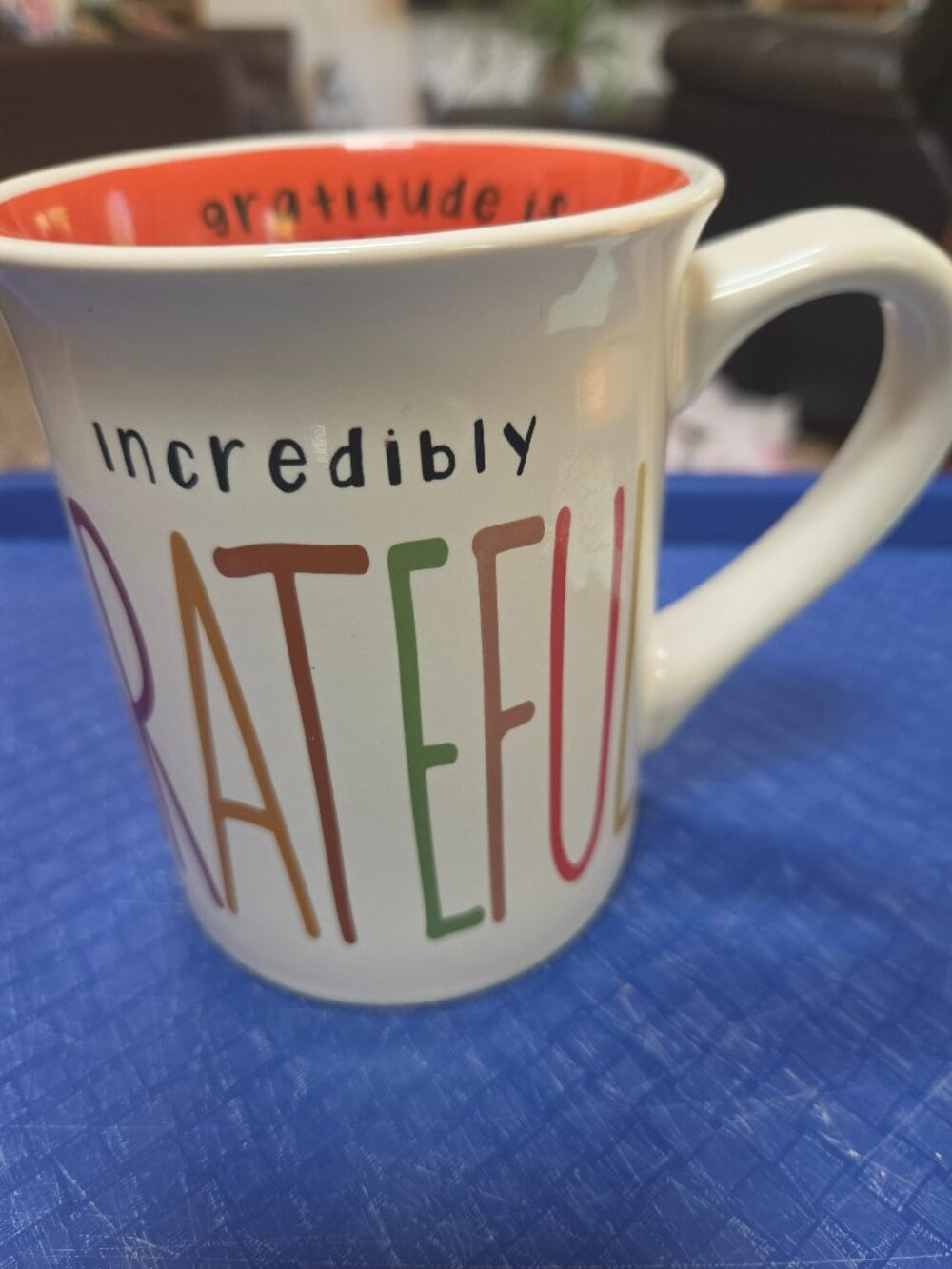 incredibly grateful mug with colorful lettering also lettering on back